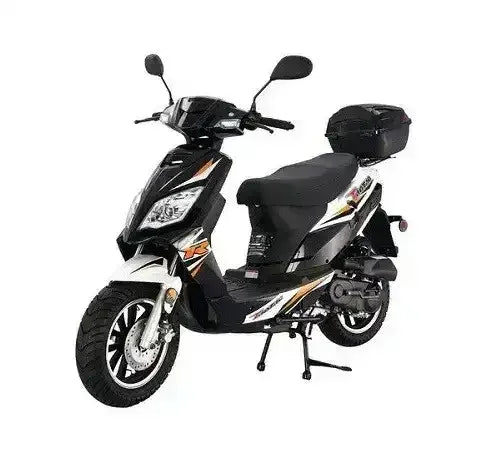 50cc black and white scooter with rear storage box and sporty decals on white background