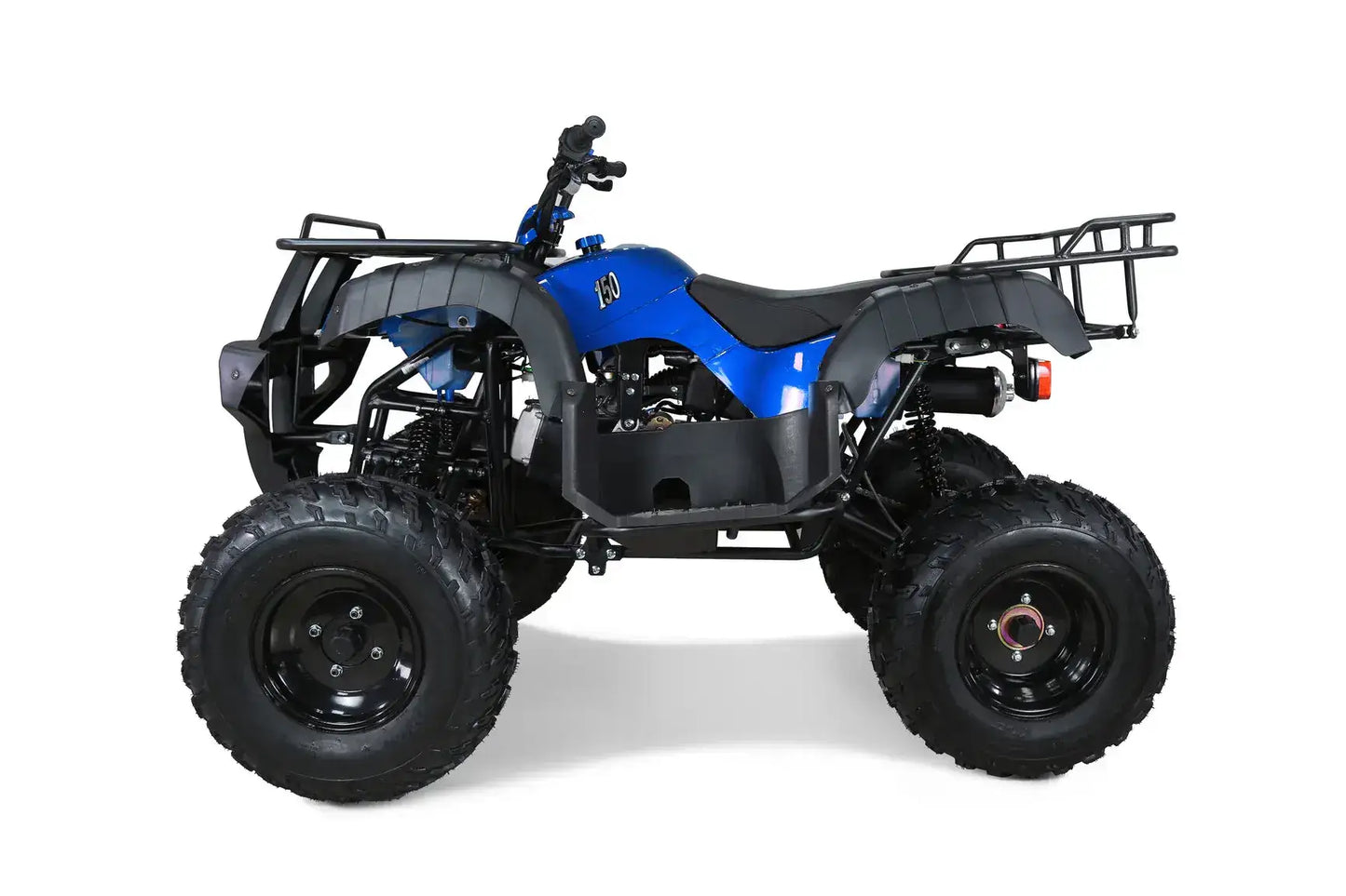 Side view of a blue 150cc ATV with large tires and front and rear cargo racks