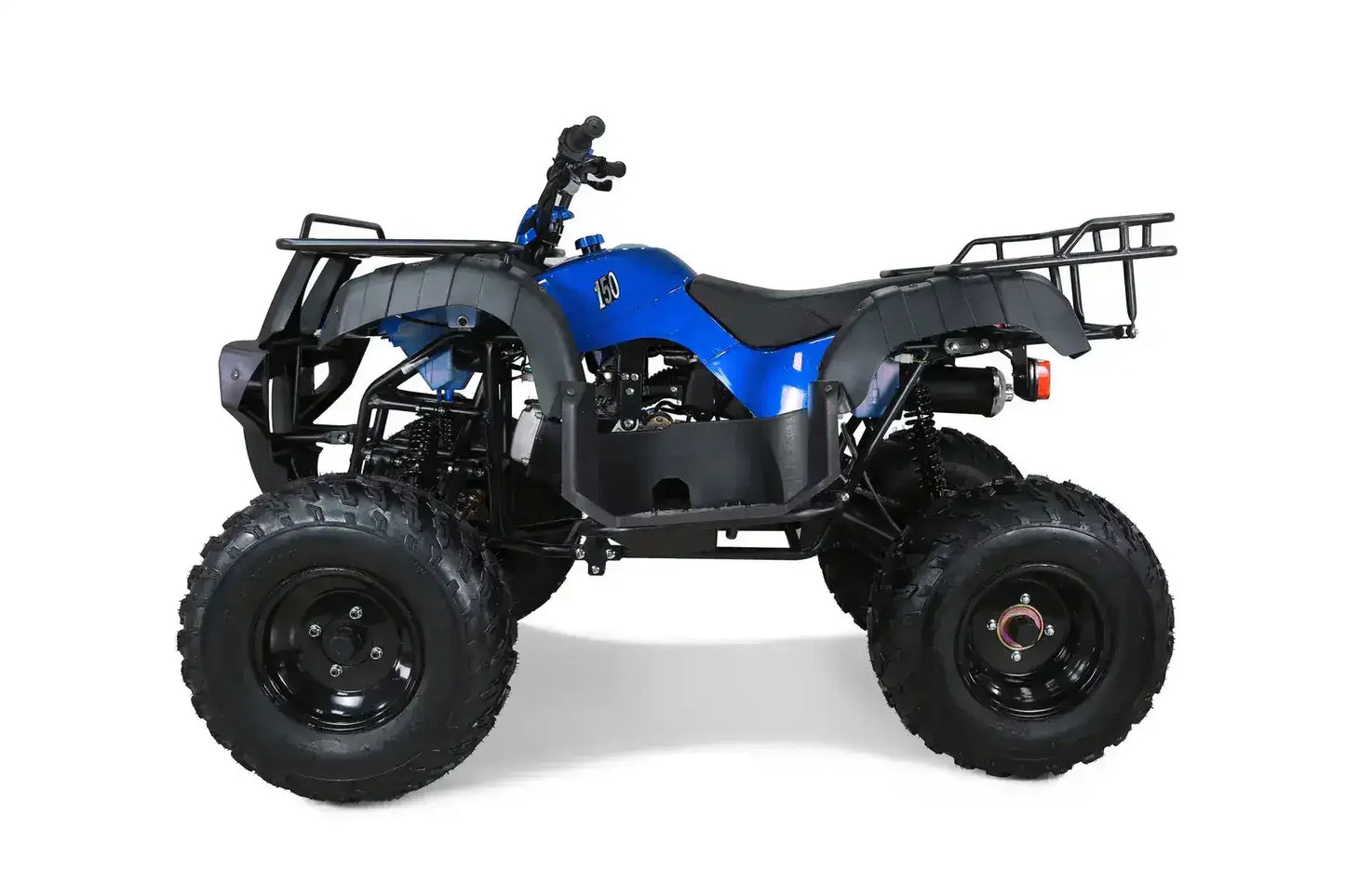Side profile of a blue 150cc ATV with rugged tires and rear utility rack on a white background.
