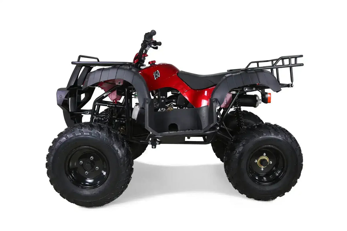 Red four-wheel ATV with rugged tires and rear cargo rack, side profile view