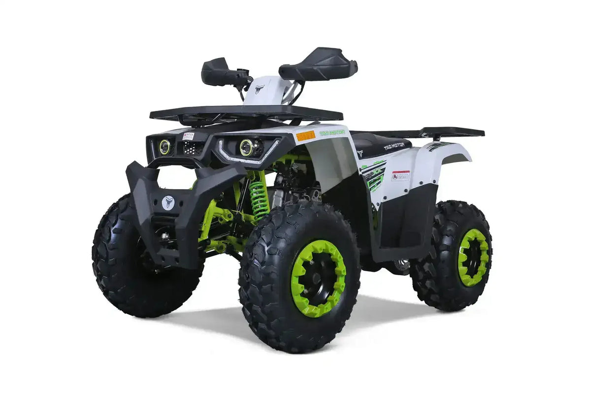 Green and white utility ATV with rugged tires and sporty front view