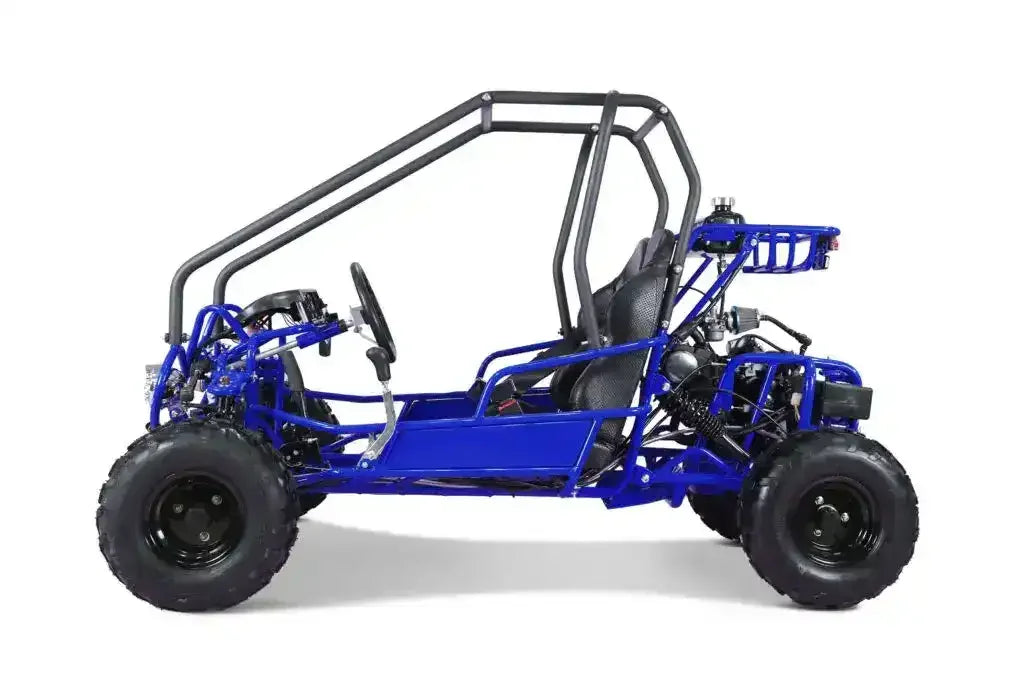 Blue off-road go-kart with roll cage, rugged tires, and two black bucket seats, side view