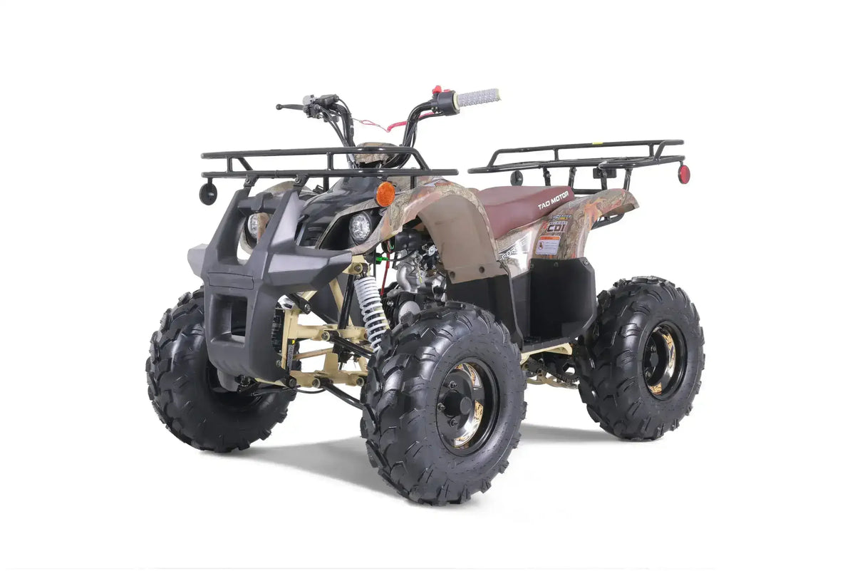 Camo all-terrain vehicle ATV with rugged tires, utility racks, and off-road suspension