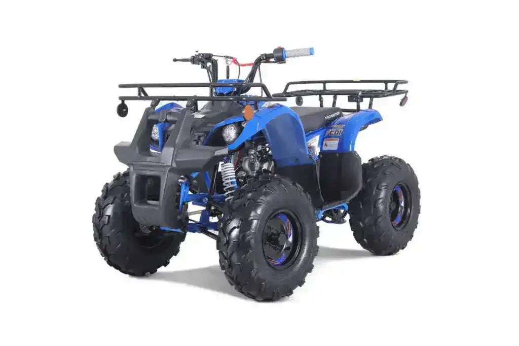 Blue youth ATV with rugged tires, front and rear racks, shown on a white background.