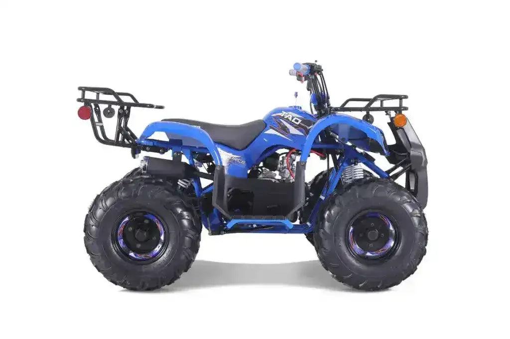 Blue youth ATV with rugged tires, rear rack, and off-road features on white background.