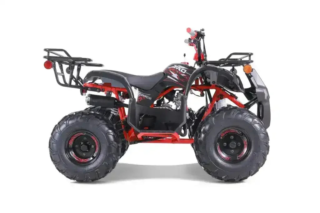 Black and red utility ATV with large tires, rear rack, and off-road features on white background.
