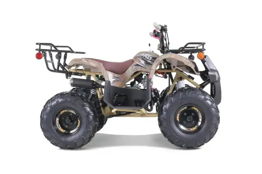 Camo all-terrain ATV with large tires and rear cargo racks, side profile view