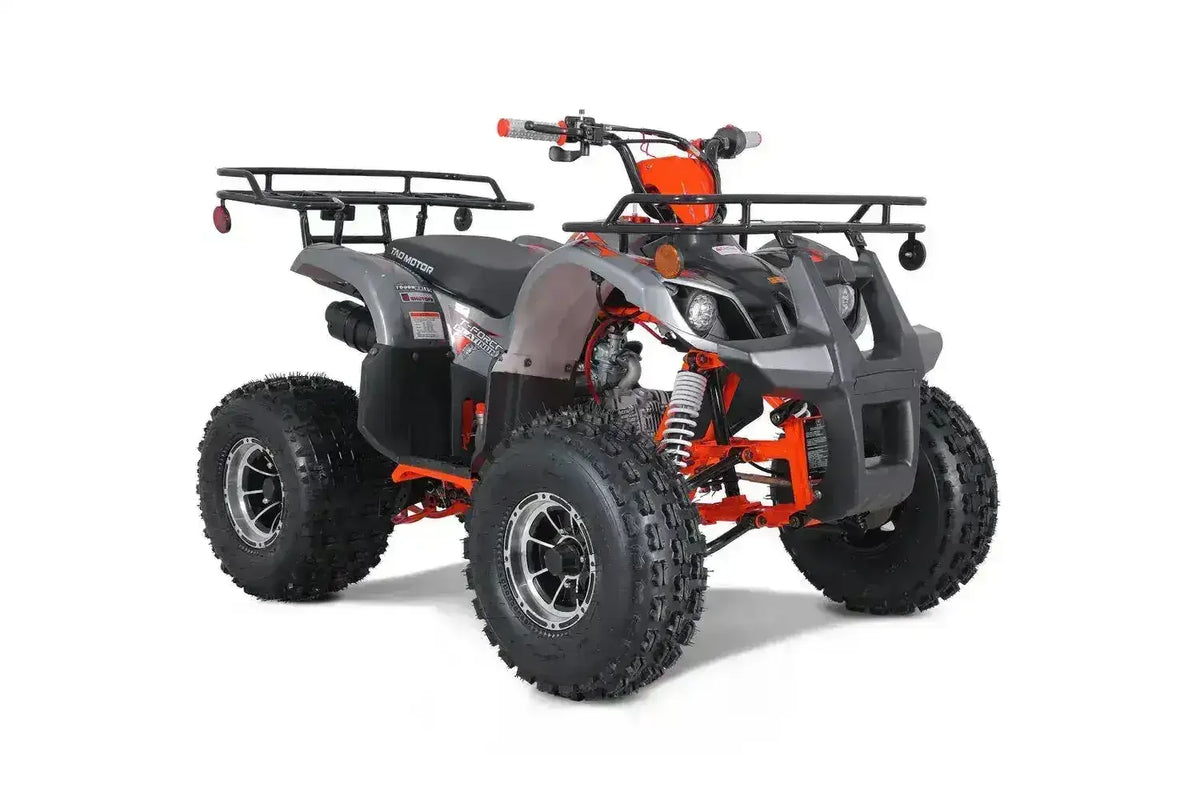 Dark gray and red youth ATV with rugged tires from Q9 PowerSports USA on white background