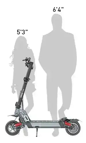 Electric scooter size comparison with silhouettes of tall and short adults