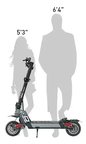 Electric scooter shown with two height comparison silhouettes, 5'3" and 6'4".
