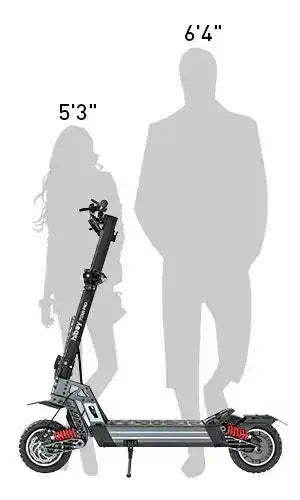 Electric scooter shown with two height comparison silhouettes, 5'3" and 6'4".