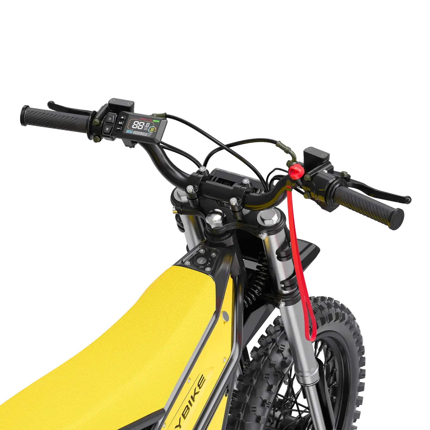 Close-up of yellow dirt bike with digital display and rugged off-road tires