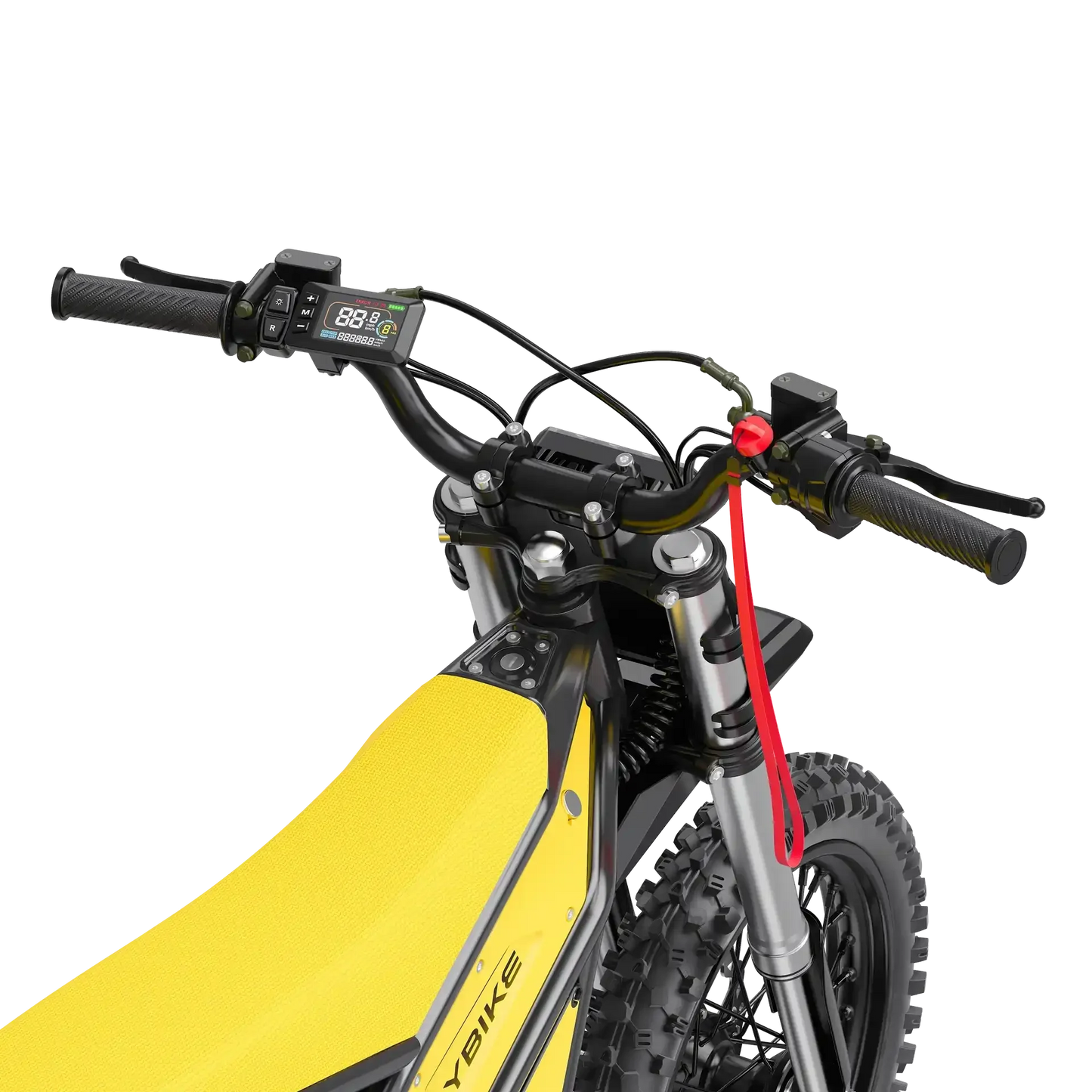 Close-up of yellow dirt bike with digital display and rugged off-road tires