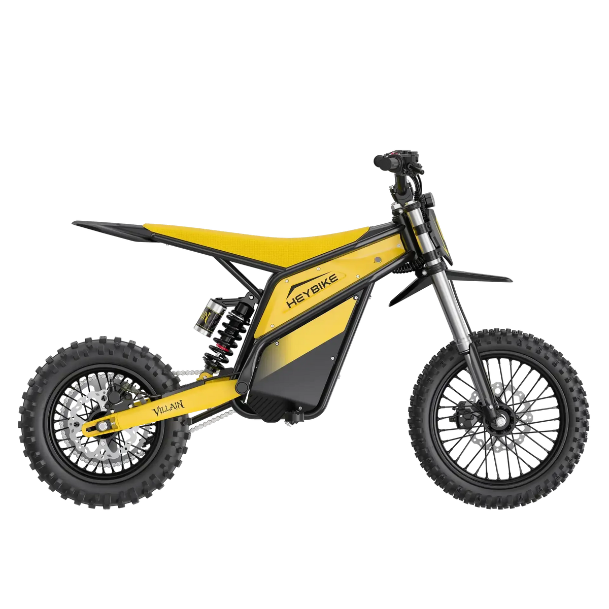 Yellow electric dirt bike with knobby tires and full suspension, side view on white background