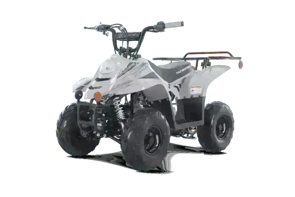 White 110cc kids ATV for beginners with rugged tires and front suspension on gray background