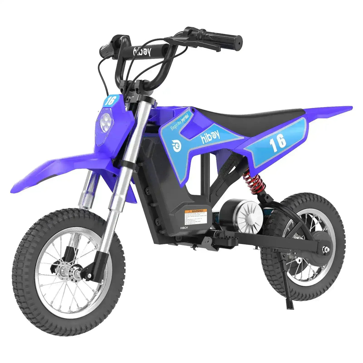 Blue kids electric dirt bike with thick tires and front suspension, side view