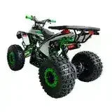 Green and black ATV with rugged tires, rear cargo rack, shown on a white background