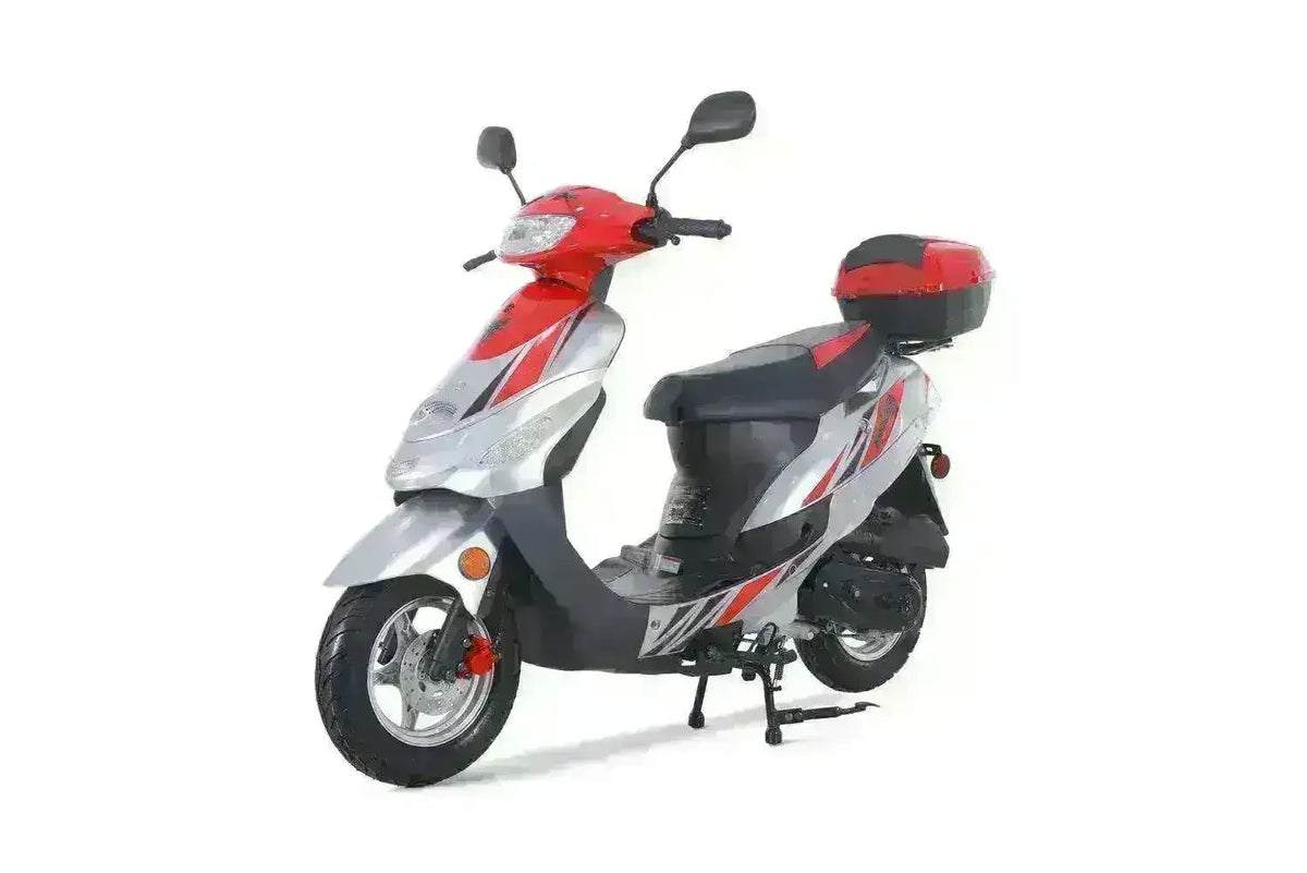 Red and silver 50cc scooter with cargo box on white background