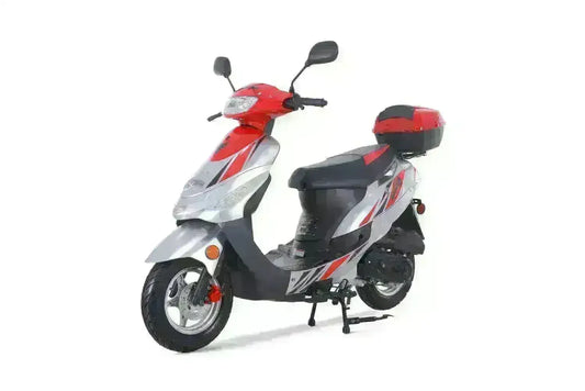 Red and silver 50cc scooter with cargo box on white background