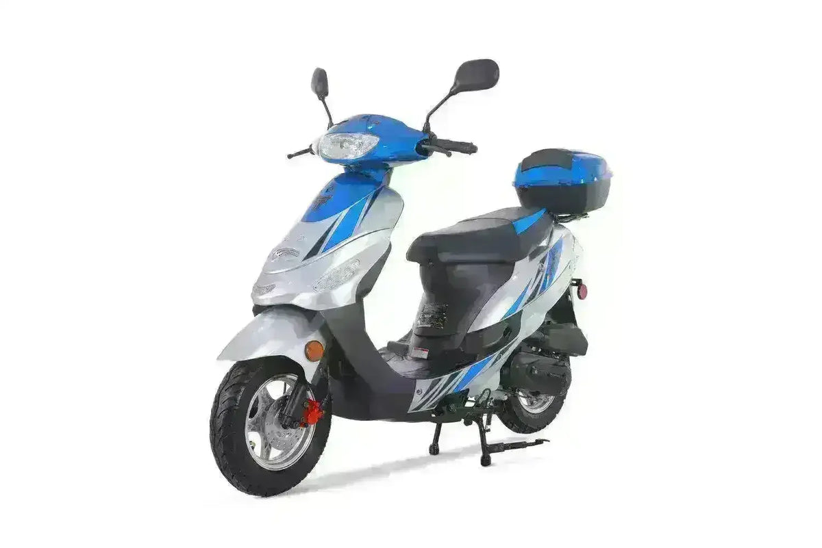 Blue and silver 50cc gas scooter with rear storage box on white background