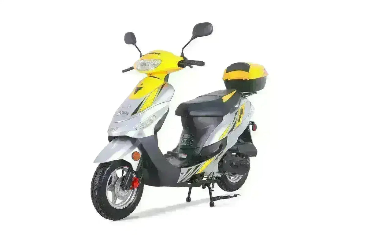 Yellow and silver 50cc scooter with rear storage box on white background