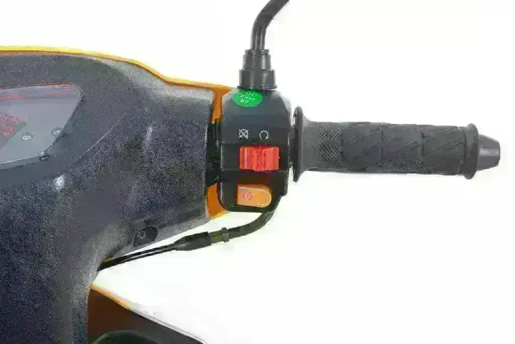 Close-up of classic 50cc scooter throttle, handlebar, and control switches
