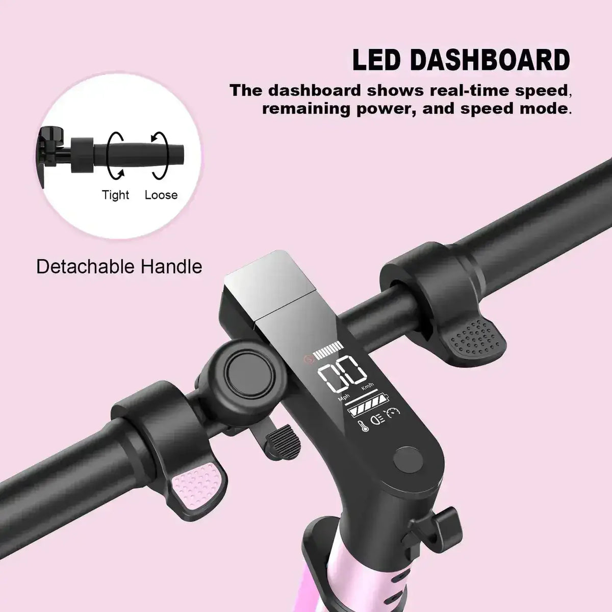 Electric scooter LED dashboard display with real-time speed, power, and detachable handle.