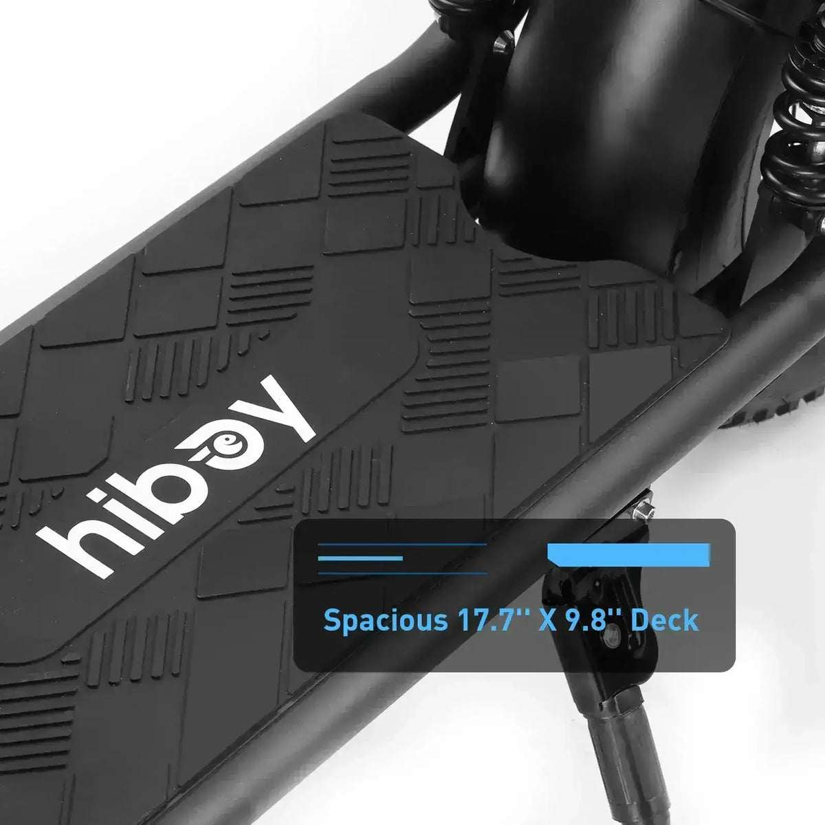 Close-up of Hiboy electric scooter deck with textured surface, 17.7 x 9.8 inch size highlighted.