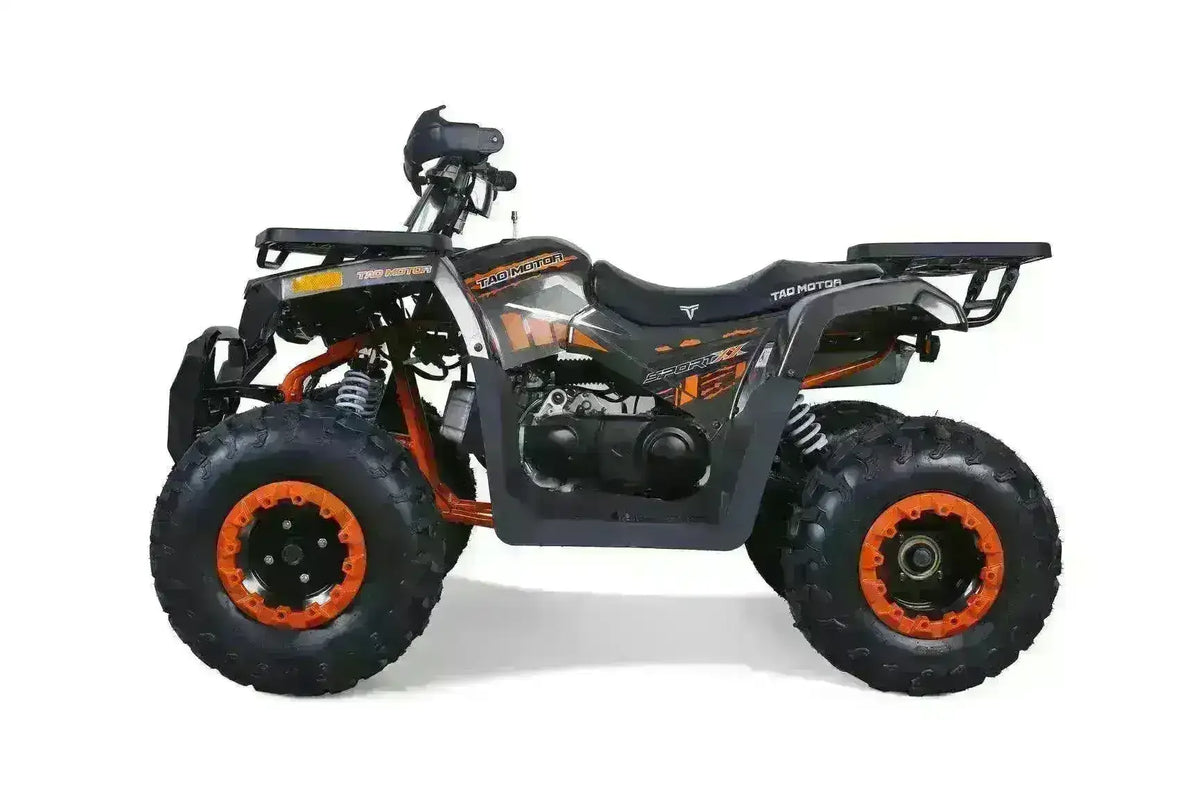 Black and orange 200cc utility ATV with rugged tires, side view on white background