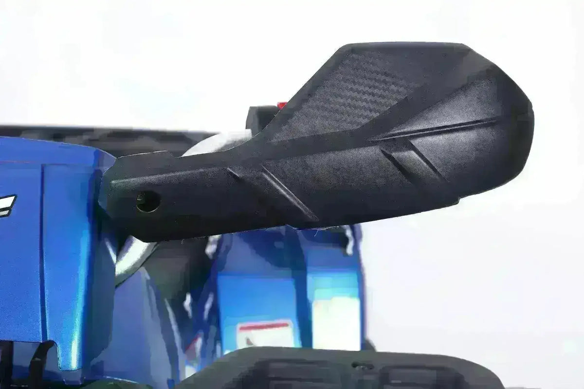 Closeup of ATV black hand guard and blue utility four wheeler body panel