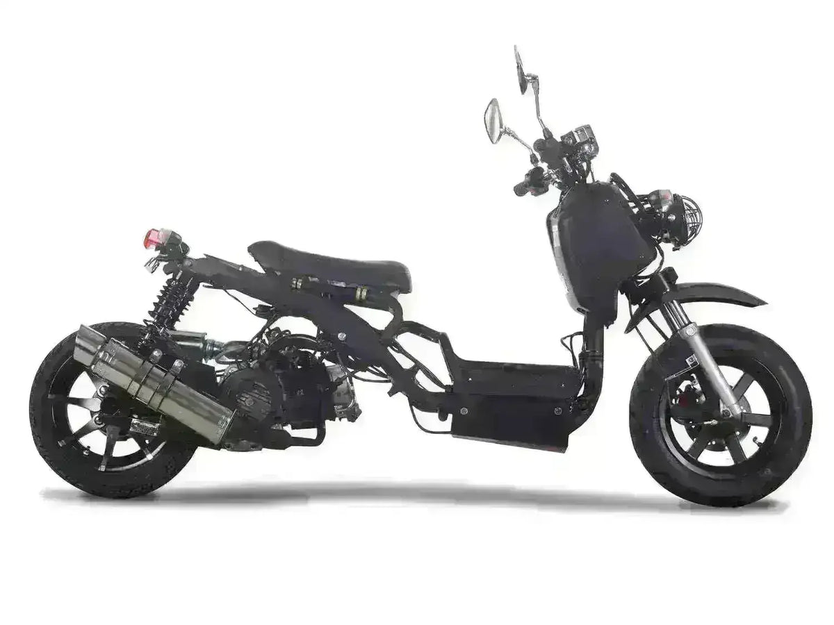 Black 150cc scooter with exposed frame, dual rear shocks, and round headlight on white background