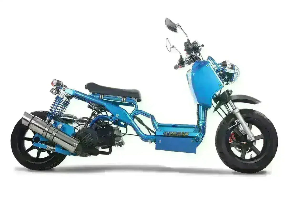 Blue 150cc Icebear Maddog scooter with exposed frame, chrome exhaust, and dual rear shocks