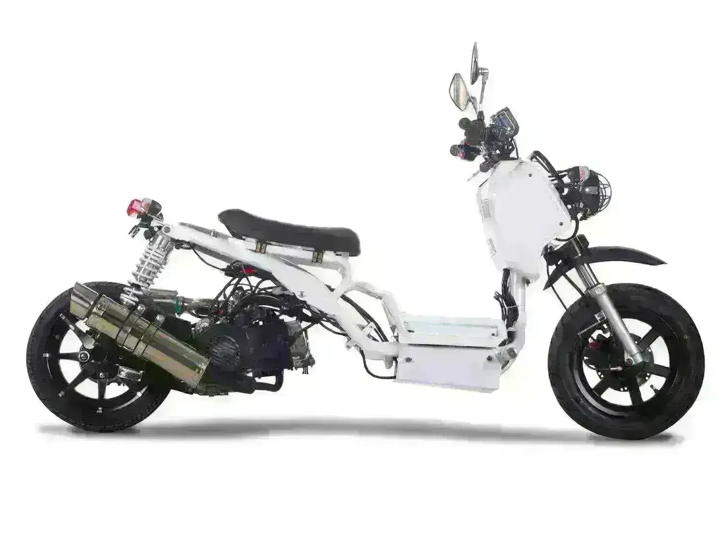 White Icebear Maddog 150cc scooter with exposed frame and black seat on white background
