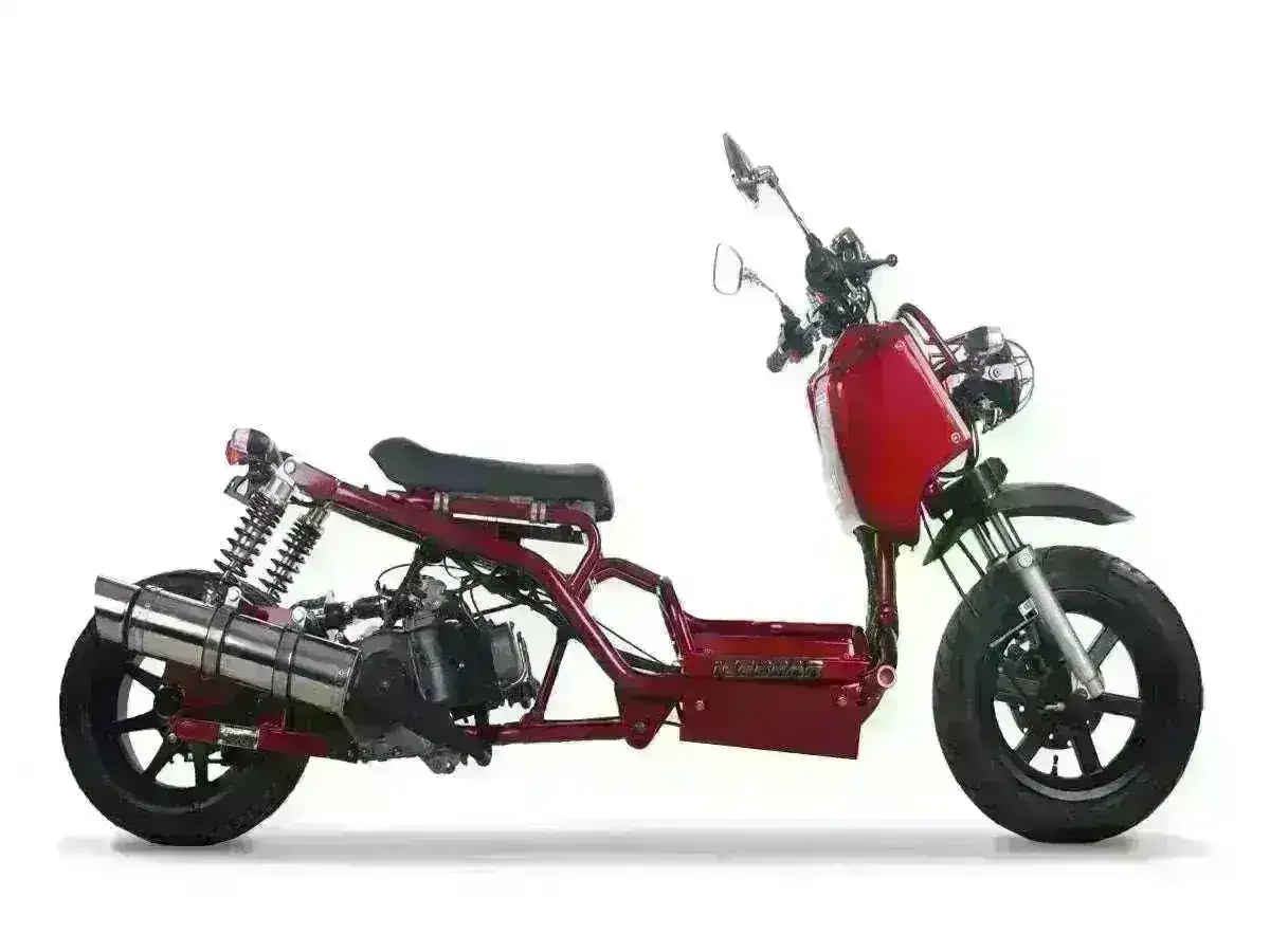 Red 50cc maddog scooter with exposed frame, oversized exhaust and black seat, side view