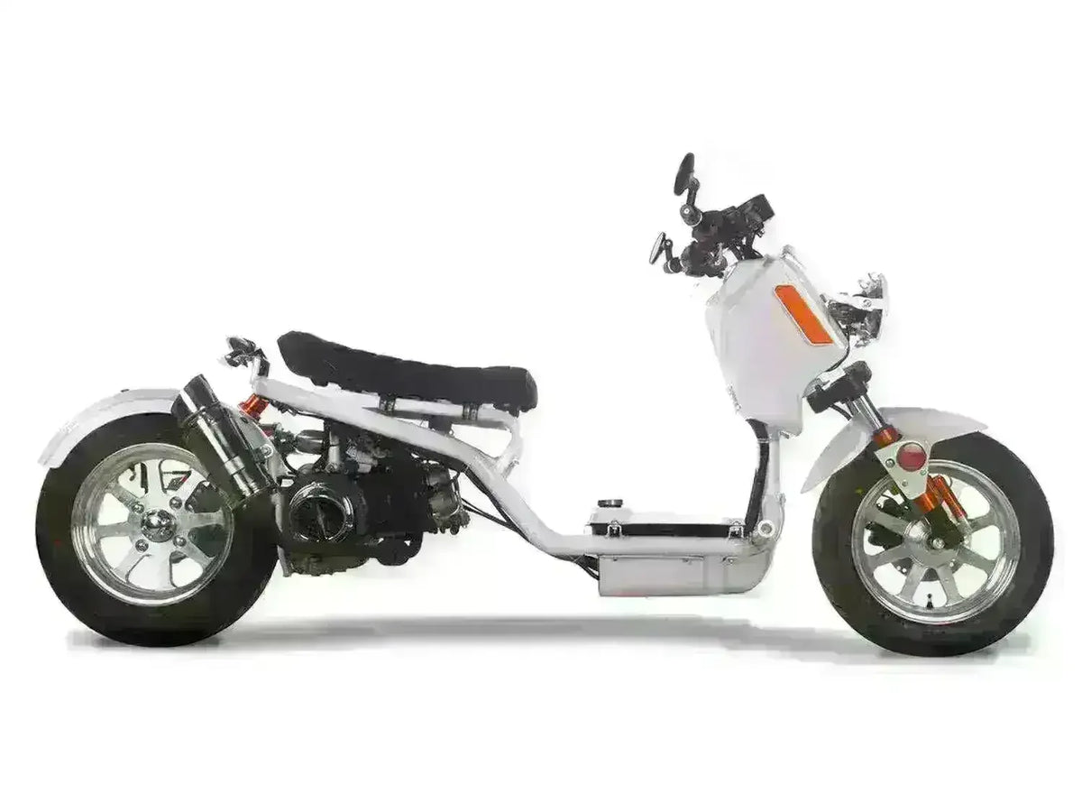 White 150cc Maddog scooter with chrome wheels and exposed engine, side view on white background