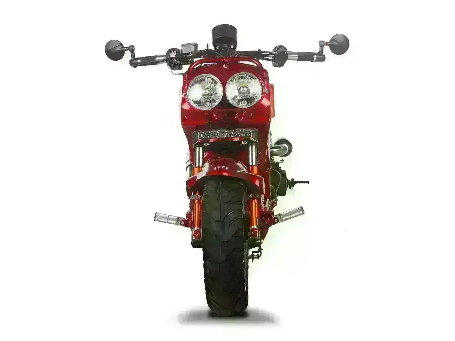 Front view of a red 150cc scooter with dual headlights and side mirrors on a white background