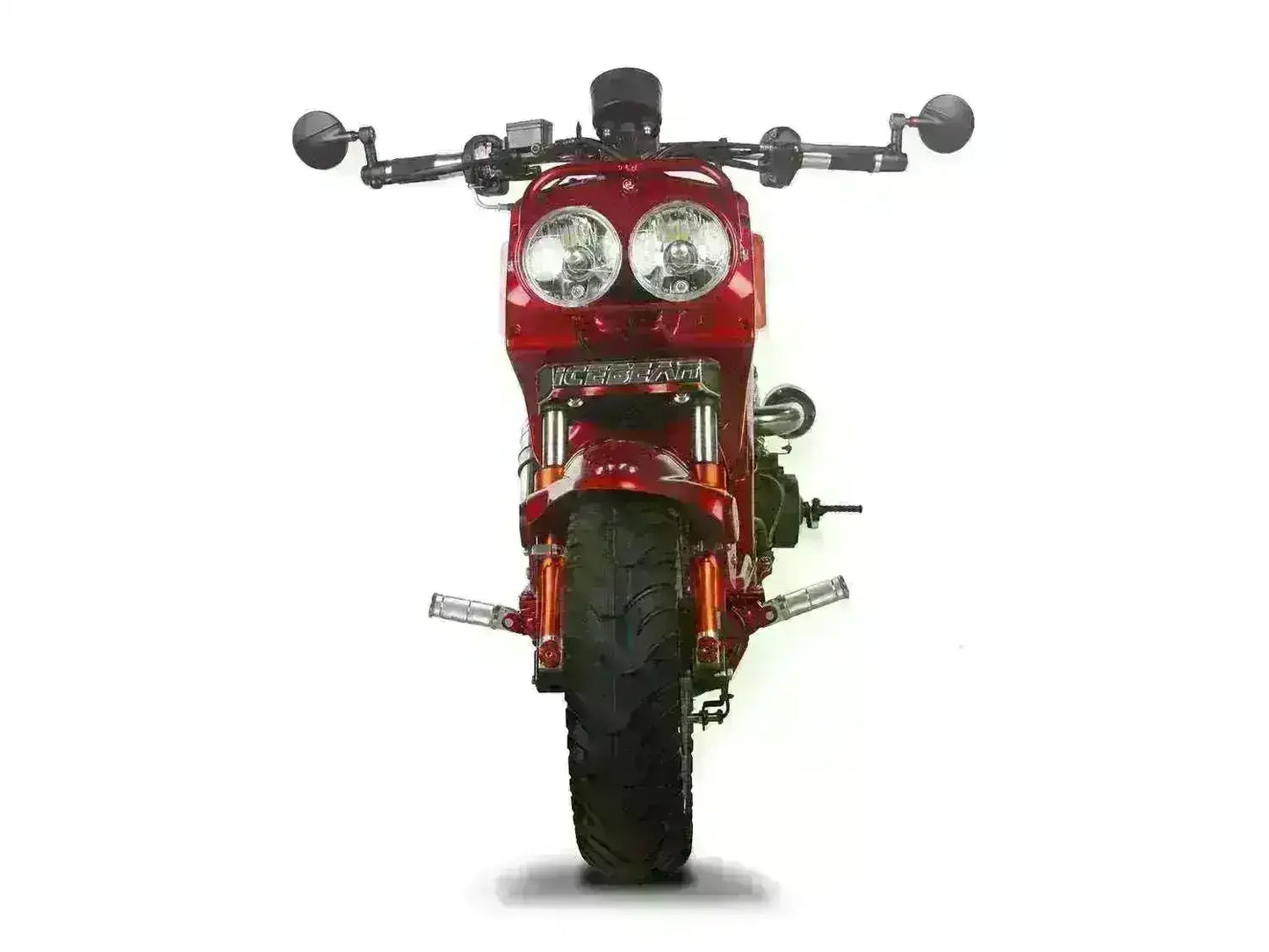 Front view of a red 150cc scooter with dual headlights and side mirrors on a white background