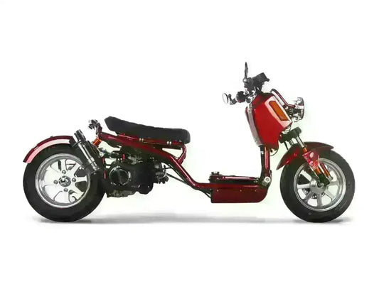 Red 50cc scooter with exposed frame and modern design, parked on white background