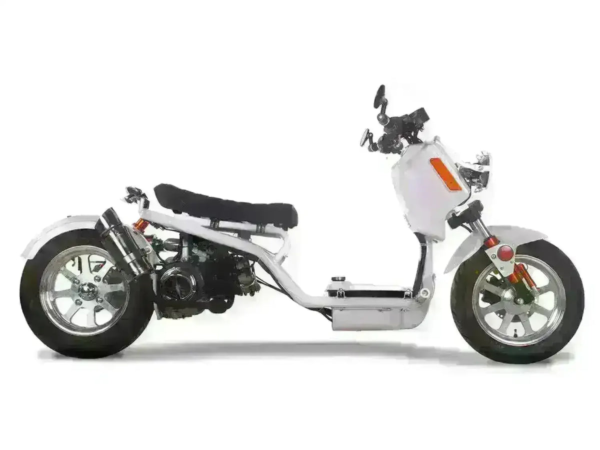 White 50cc Gen 4 Maddog scooter with minimalist frame and chrome wheels, side view