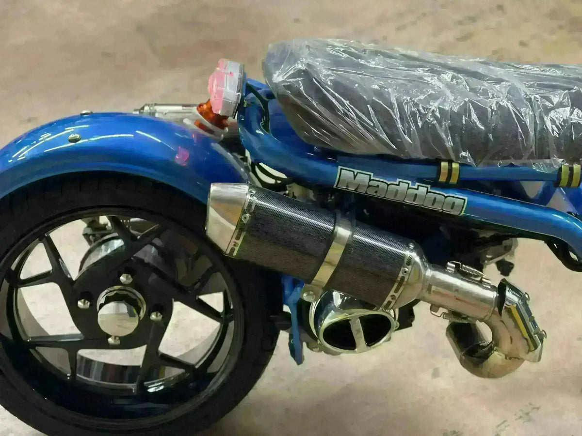 Rear view of blue Maddog 150cc scooter with exhaust system at Q9 PowerSports USA
