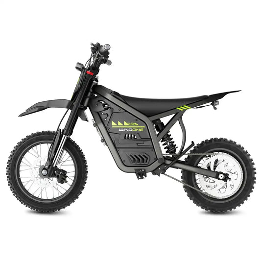 Electric dirt bike with black frame, off-road tires, and neon green accents on white background