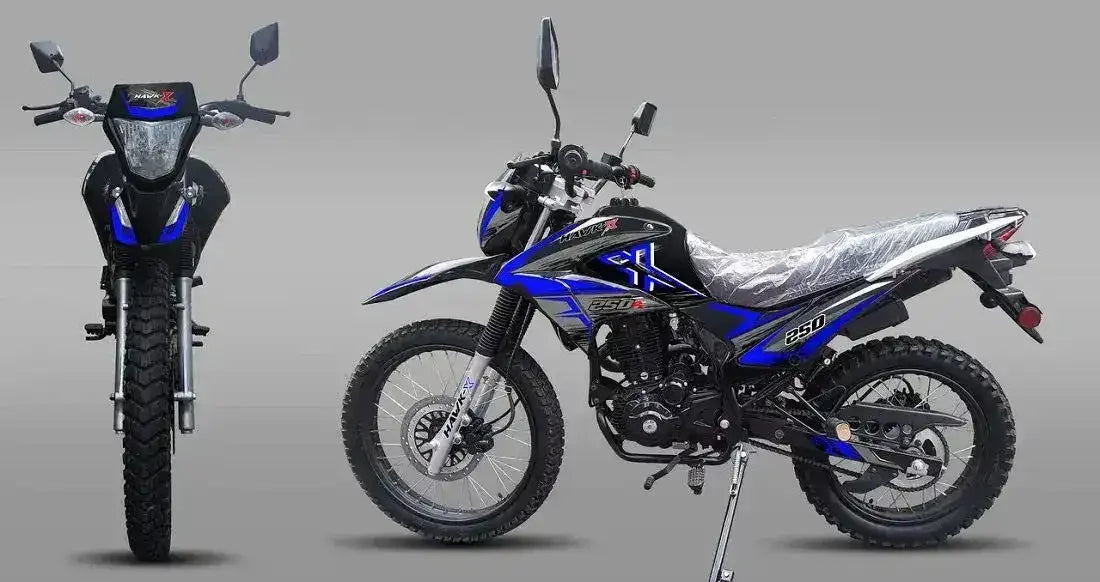Blue and black 250cc dirt bike with off-road tires, shown from front and side on gray background