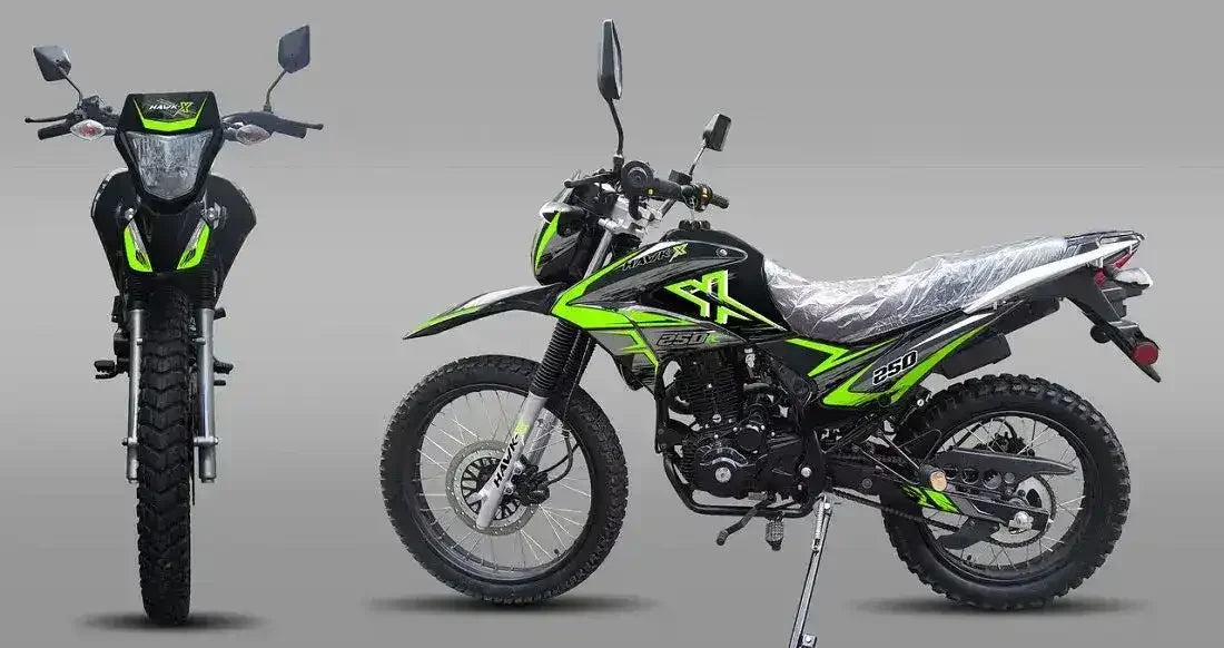 Black and green dual sport dirt bike with off-road tires and 250cc engine, shown front and side