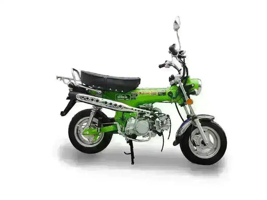 Green 125cc motorcycle with chrome details and black seat, side view, on white background