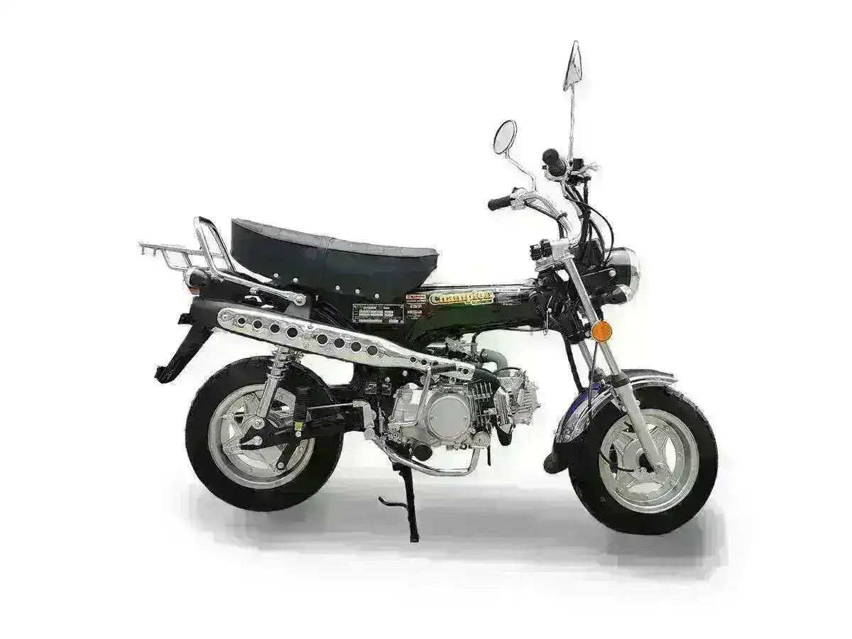 Black Champion 125cc motorcycle with chrome accents and rear cargo rack on white background