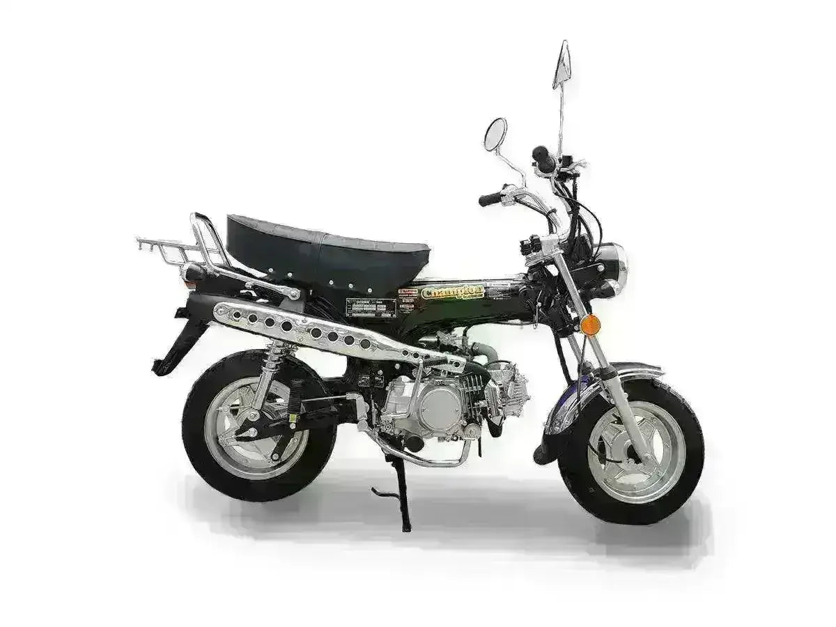 Black Champion 125cc motorcycle with chrome accents and rear cargo rack on white background