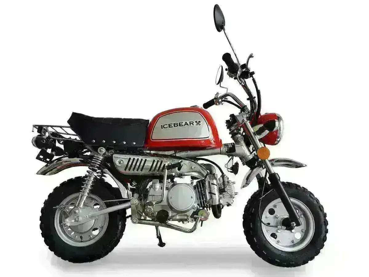 Red and silver ICEBEAR Leo 125cc motorcycle with off-road tires on white background