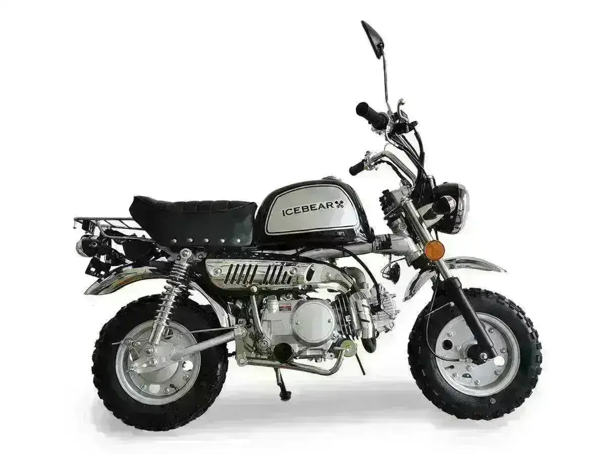 Icebear Leo 125cc mini motorcycle with chrome details and off-road tires on white background