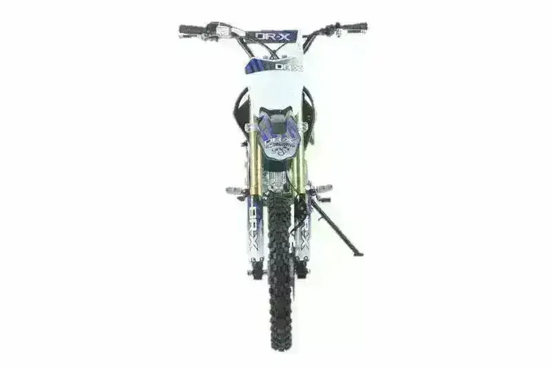 Front view of 125cc youth dirt bike with knobby tires and blue accents on white bodywork