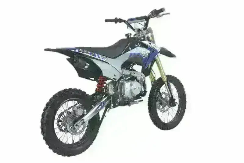 125cc youth dirt bike with knobby tires, rear suspension, and blue graphics on white background